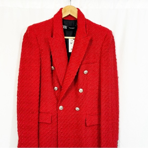NWT ZARA Textured Double Breasted Red Tweed Blazer Jacket Blogger Favorite - Picture 5 of 15